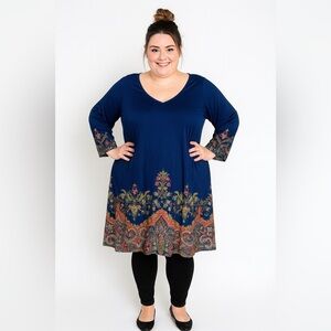 Noracora Floral Border Blue Tunic Dress - Size 2X